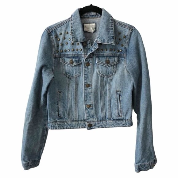 𝅺STUDDED Medium Wash Crop Jean Jacket small - Picture 1 of 6